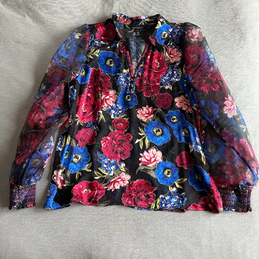 WHBM Organza Sleeve Silk Burnout Blouse Black Floral